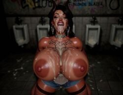 after_oral ai_generated bimbo bimbo_lips bimbofication bukkake choker closed_eyes covered_in_cum cum cum_in_mouth cum_on_breasts cum_on_face cum_on_ground cum_on_tongue demon denim_shorts depth_of_field dispatch_(game) female_only fishnet_armwear fishnet_stockings fishnets from_above graffiti hoop_earrings horns huge_breasts kneeling leotard logan_d malevola_gibb mascara_tears nipples on_knees open_mouth pentagram pentagram_tattoo public_bathroom red_skin ruined_makeup see-through see-through_clothing short_shorts solo_female thick_lips tierlist tongue_out unbuttoned unbuttoned_shorts unzipped unzipped_shorts urinal
