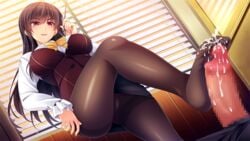 ayase_hazuki black_hair blush breasts cameltoe censored chobipero cum cum_on_lower_body feet female femdom footjob footjob_with_legwear game_cg highres indoors large_breasts legs long_hair long_sleeves looking_down mole mole_under_eye mosaic_censoring no_shoes panties panties_under_pantyhose pantyhose pantyshot pantyshot_(standing) parted_lips penis pink_eyes skirt smile solo_focus standing standing_footjob thighs toes underwear zannen_na_ane_to_no_love_comedy