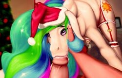 2016 alicorn christmas crotchboobs cutie_mark equine faceless_male female feral friendship_is_magic fur fuzzybear garter_straps hair holidays horn human human_on_feral male male_human/female_feral male_on_feral mammal multicolored_hair my_little_pony nipples oral penis pink_eyes princess_celestia_(mlp) rainbow_hair straight wings zoophilia