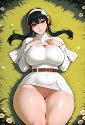 1girls ai_generated black_hair bottomless_female busty curvaceous curvaceous_body curvaceous_female curvaceous_figure curvy curvy_body curvy_female curvy_figure curvy_hips dreamcoreart female female_only hi_res highres huge_ass huge_breasts light-skinned_female long_hair naughty_face no_panties on_back on_grass solo solo_female spy_x_family stable_diffusion teasing teasing_viewer thick_thighs voluptuous voluptuous_body voluptuous_female yor_briar yor_forger