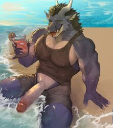 anthro beach beverage black_hair blue_body boxers_(clothing) clothing countershading dragon foreskin genitals hair hi_res horn male muscular mythological_creature mythological_scalie mythology penis public rykin sand scalie sea shirt sitting smile solo spikes tank_top tongue tongue_out topwear underwear water wave white_chest white_jaw white_penis yellow_eyes zagros