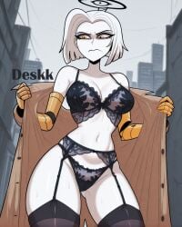 1girls ai_generated artist_name bra coat coat_only coat_open deskk halo hazbin_hotel indoors lace lace-trimmed_bra lace-trimmed_panties lace_bra lace_trim looking_away lute_(hazbin_hotel) prosthetic prosthetic_arm sad serious short_hair sole_female solo solo_focus stomach thong vivienne_medrano white_hair white_skin yellow_eyes