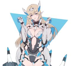 android blonde_hair blue_eyes breasts commentary cowboy_shot di_allez_series female hair_between_eyes hairband headgear highres long_hair medium_breasts navel parted_lips patatatan phantasy_star phantasy_star_online_2 phantasy_star_online_2_new_genesis photo-referenced simple_background smile solo very_long_hair