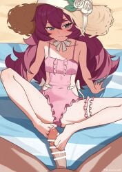 1boy 1girl arm_support bar_censor barefoot beach beach_towel blue_archive censored clothed_female_nude_male clothing_cutout commentary covered_navel feet flower fluffy_hair foot_focus footjob frilled_thigh_strap hat hat_flower hat_string hetero highres iroha_(blue_archive) iroha_(swimsuit)_(blue_archive) knees_apart_feet_together long_hair looking_at_viewer nude one-piece_swimsuit outdoors penis pink_one-piece_swimsuit pov pov_crotch reclining red_hair side_cutout smile spread_legs straw_hat sun_hat suzu_saki swimsuit thigh_strap thighs toes towel two-footed_footjob variant_set veins veiny_penis very_long_hair