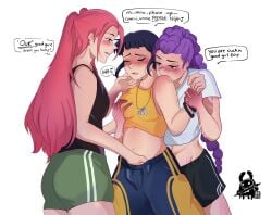 3girls artist_logo artist_name black_hair black_shorts body_markings commentary dutch_braided_ponytail english_commentary english_text fff_threesome girl_sandwich grabbing_another's_breast green_shorts groping group_sex hand_under_clothes highres implied_fingering inkrred kpop_demon_hunters logo long_hair mira_(kpop_demon_hunters) multiple_girls pink_hair purple_hair rumi_(kpop_demon_hunters) sandwiched shirt shorts threesome yellow_shirt yuri zoey_(kpop_demon_hunters)