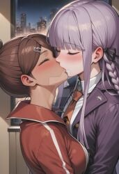 2girls ai_generated arm_at_side asahina_aoi bangs blunt_bangs blush bopitphy braid breasts brown_hair city cityscape closed_eyes collared_shirt couple danganronpa danganronpa_1 dark-skinned_female dark_skin duo eyebrows_visible_through_hair female/female female_only hair_up indoors interracial interracial_couple interracial_yuri jacket kirigiri_kyouko kissing lavender_hair long_hair long_sleeves love medium_breasts multiple_females multiple_girls mutual_yuri neck necktie night purple_jacket red_jacket shirt short_hair sidelocks straight_hair swept_bangs teenage_girl teenager tied_hair upper_body white_shirt window yuri zipper