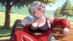 1girls ai_generated armpits balecxi bare_shoulders bench black_sports_bra blurry_background blush bottle brand_name_imitation breasts cleavage clothing collarbone curvaceous curvaceous_female curvaceous_figure curvy curvy_figure day dungeon_ni_deai_wo_motomeru_no_wa_machigatteiru_darou_ka female female_focus female_only flower freya_(danmachi) grass grey_hair hair_flower hair_ornament half-closed_eyes head_tilt holding holding_bottle inviting jacket large_breasts lips long_hair long_sleeves looking_at_viewer off_shoulder on_bench open_clothes open_jacket outdoors pants park park_bench partially_unzipped presenting presenting_breasts presenting_self purple_eyes red_jacket red_pants red_track_suit seductive seductive_look seductive_smile sitting sitting_on_bench smile solo sports_bra sportswear sweat track_jacket track_pants track_suit tree voluptuous voluptuous_female water_bottle white_hair zipper zipper_pull_tab