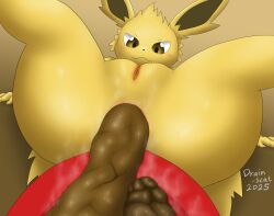 absurd_res anthro anus ass brown_eyes butt_focus drain_scat eeveelution feces feces_in_ass feces_pile female fur generation_1_pokemon genitals heart_box hi_res jolteon legs_up looking_forward lying nintendo on_back pokemon pokemon_(species) pooping_on_plate presenting scat simple_background solo spread_legs spreading vulva yellow_body yellow_fur
