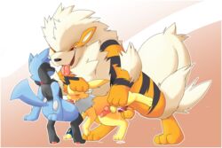 3boys anal anal_sex arcanine ass back big_tail black_fur blue_fur blush brown_background canine canine_penis closed_eyes cum cum_in_ass cum_in_mouth cum_inside eeveelution fangs feet fellatio furry gay hand_on_head interspecies jetta_the_jolteon jolteon knot leg_up male male_only maxi_meow nintendo nude open_mouth oral orange_fur paws penetration penis pokemon pokemon_(species) pokemon_dppt precum red_eyes riolu sex size_difference smile spitroast standing stripes tail teeth threesome veins veiny_knot veiny_penis video_games white_border white_fur yellow_fur