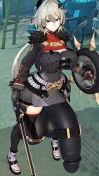 1futa 3d big_breasts bulge_through_clothing caesar_king cock_strap futaflux futanari huge_cock shield solo solo_futa sword thick_thighs thighhighs zenless_zone_zero