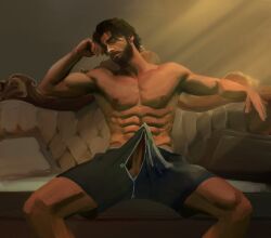 1boy 2d_(artwork) arcane arcane_jayce artist_request balls ballsack beard bearded bent_knees big_cock big_penis cock color colored cum cum_drip cumming_in_pants daddy dark-skinned_male dark_skin digital_media_(artwork) exposed_penis gay gay_male gay_sex giant_penis huge_cock jayce jayce_talis league_of_legends light-skinned_male long_hair looking_at_another male male/male male_focus male_only masculine masculine_gay masculine_male massive_cock massive_penis muscular muscular_male naked naked_male nude nude_male penis shorts_only sitting sleeping solo solo_male tagme tagme_(artist) tan_body tan_skin tanned tanned_male text_bubble thighs yaoi