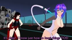 2girls black_hair black_hair_female breasts crescent_rose dialogue half-dressed half_naked half_naked_female melody_(projektmelody) no_pants projektmelody purple_hair purple_hair_female ruby_rose rwby tail theblackbirdcalls
