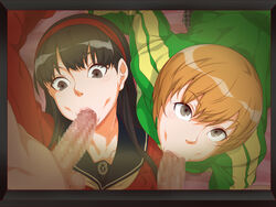 2girls :>= amagi_yukiko arm_up bed black_eyes black_hair blonde_hair breasts censored clothed_female_nude_male eyebrows eyebrows_visible_through_hair fellatio hairband highres jacket ko1444 long_hair long_sleeves looking_at_viewer looking_down lying mosaic_censoring multiple_girls oral penis persona persona_4 pov satonaka_chie school_uniform short_hair