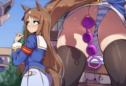 1girls 2d ai_generated anal anal_beads anal_grip anal_object_insertion animal_ears anus anus_peek armband ass big_anus big_ass big_butt black_thighhighs blue_eyes blue_jacket blush brown_hair camera closed_mouth clothing_aside female female_only from_behind grass_wonder_(umamusume) horse_ears horse_girl horse_tail huge_anal_beads jacket long_hair long_sleeves multiple_views object_insertion outdoors panties panties_aside pussy sex_toy skirt sloppingslurpie solo_female solo_focus striped_clothes striped_panties tail thick_thighs thighhighs thighs umamusume umamusume_pretty_derby uncensored underwear vaginal_penetration