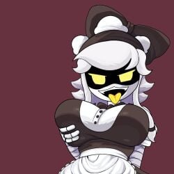 1girls cyn_(murder_drones) female_focus female_only grabbing grabbing_own_breast grey_hair honklion maid maid_outfit maid_uniform mouth_open murder_drones red_background sharp_teeth smiling yellow_eyes yellow_tongue