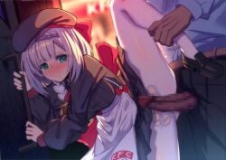 1boy apron black_hat black_pants black_shirt black_shoes blue_shirt blush bow breasts censored dress female genshin_impact green_eyes grey_hair hairbow hat imminent_penetration imminent_vaginal kfc lao_meng medium_breasts noelle_(genshin_impact) noelle_(kfc)_(genshin_impact) pants pantyhose penis red_bow sex shirt shoes short_hair standing straight white_pantyhose