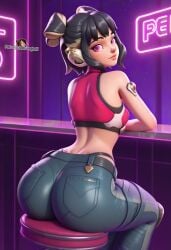ai_generated arched_back ass back_view bar_stool big_ass black_hair blizzard_entertainment blonde_streaks bubble_butt club curvaceous curvy curvy_body curvy_female curvy_figure curvy_hips cute cute_female fearless_juno hair_bun hair_buns hairbun hips_wider_than_shoulders jaajaai jeans juno_(overwatch) le_sserafim leaning_forward legs_together looking_back looking_back_at_viewer neon_lights nightclub overwatch overwatch_2 pants pink_crop_top pink_eyes seductive_body sfw sitting sitting_on_stool slim_waist small_waist solo solo_female stool submissive submissive_female tagme thin_waist tiny_waist twin_buns voluptuous voluptuous_female voluptuous_teenager wide_hips