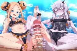 1boy 2girls abigail_williams_(emerald_float)_(fate) abigail_williams_(fate) azatychan bare_shoulders barefoot bikini black_bikini black_bow black_skirt blonde_hair blue_eyes blue_sky blush bow breasts cameltoe censored closed_mouth commentary_request cooperative_footjob covered_nipples double_bun erection fate/grand_order fate_(series) feet footjob forehead frilled_bikini frills hair_bun hairbow highres holding_hands horns lavinia_whateley_(emerald_float)_(fate) lavinia_whateley_(fate) long_hair looking_at_viewer microskirt multiple_girls navel open_mouth orange_bow paid_reward_available parted_bangs penis purple_eyes see-through_clothes single_horn skirt sky small_breasts smile sound_effects spread_legs straight swimsuit teamwork_(sexual) variant_set white_hair wide-eyed