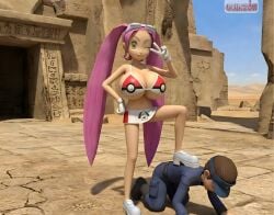 1boy1girl 3d ai ai_assisted ai_generated alternate_breast_size alternate_version_at_source artist_logo artist_name belly_button big_breasts bikini blinking bluesky_link breasts desert female genius_sonority gloves goggles_on_head green_eyes gromit hand_on_hip long_hair looking_at_viewer lovrina_(pokemon) male navel nintendo one_eye_closed peace_sign pink_hair pokeball_bikini pokeball_print pokemon pokemon_xd quinzo11 self_upload smile smiling smiling_at_viewer step_on_person team_cipher team_cipher_admin twintails white_gloves white_shoes