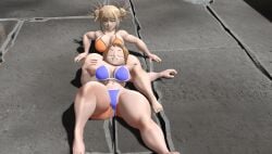 2girls 3d 3d_(artwork) big_breasts bikini blonde_hair blue_bikini breasts brown_hair catfight choking female_focus fight fighting geekboy21 headscissor himiko_toga kabalmystic_(style) large_breasts my_hero_academia ochako_uraraka orange_bikini ryona short_hair thick thick_thighs thighs wrestling yuri