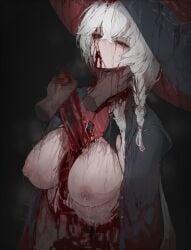 1girls absurdres black_hat blood blud_spine blue_archive braid breasts censored censored_violence commentary_request corpse death disembodied_hand eri_(blue_archive) female female_death gore guro hat highres korean_commentary large_breasts long_hair mosaic_censoring nipples red_eyes side_braid snuff very_long_hair white_hair witch_hat