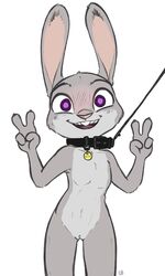 4_fingers alec8ter anthro blush buckteeth collar collar_tag colored disney double_v female flat_chest flat_chested front_view furry judy_hopps lagomorph leash looking_at_viewer mammal nude open_mouth purple_eyes pussy rabbit simple_background smile solo teeth text v white_background zootopia