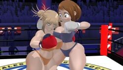 2girls 3d 3d_(artwork) arena big_breasts blonde_hair boxing boxing_gloves boxing_ring breasts brown_hair catfight cleavage clinch clinching duo female_focus female_only fight fighting fighting_ring geekboy21 gloves grey_boxing_gloves grey_gloves himiko_toga huge_breasts kabalmystic_(style) large_breasts my_hero_academia ochako_uraraka red_boxing_gloves red_gloves ryona short_hair yuri