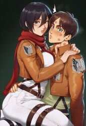 1boy 1girls after_kiss ai_generated attack_on_titan badge belt belt_buckle big_ass big_breasts black_hair brown_hair brown_jacket canon_couple caught caught_in_the_act couple couple_(romantic) cropped_jacket eren_jaeger female gradient_background green_background green_eyes green_shirt grey_eyes hand_around_neck hand_on_hip hugging hugging_another hugging_partner imminent_kiss karezma kiss_mark kiss_marks lips lipstick_mark male/female mikasa_ackerman military_uniform red_scarf saliva_string saliva_trail scar shingeki_no_kyojin short_hair simple_background sitting sitting_on_another sitting_on_lap sitting_on_person straddling surprised surprised_expression surprised_face survey_corps_uniform thick_thighs thigh_belt tight_clothing toned_body toned_female uniform white_pants white_shirt wholesome