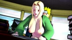 1boy 1girls 3d 3d_(artwork) age_difference animated areolae bent_over big_breasts blonde_hair blue_eyes blush bottomless breasts brown_eyes clenched_fist clenched_hand clothed_sex desk facial_mark facial_markings female forehead_mark forehead_protector haori jacket lipstick makeup male moaning naruto naruto_(series) naruto_shippuden nipples no_bra no_panties no_sound office open_clothes penetration penis sex standing standing_sex tsunade uncensored uzumaki_naruto video