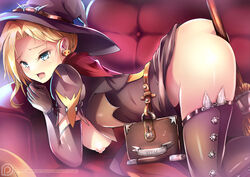 all_fours alternate_costume arm_support ass belt belt_pouch blonde_hair blue_eyes book bracelet breasts broom brown_gloves brown_hat brown_legwear cape capelet closed_mouth couch dress earrings elbow_gloves female gloves halloween halloween_costume hanging_breasts hat hat_belt jack-o'-lantern jack-o'-lantern_earrings jewelry large_breasts looking_at_viewer mercy nakatokung nipples no_wings on_couch overwatch pink_lips puffy_nipples red_cape short_hair short_sleeves solo thighhighs watermark web_address wings witch witch_hat witch_mercy