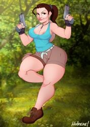 1girls areola_slip blurry_background cleavage dual_wielding full_body gun hotkeke human lara_croft lara_croft_(classic) large_breasts pistol ponytail pose short_hair smile solo thick_thighs tomb_raider weapon