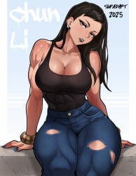 1girl abs absurdres alternate_costume alternate_hairstyle artist_name biceps black_lips bracelet breasts brown_eyes brown_hair brown_lips capcom character_name chun-li cleavage commentary covered_abs curvy dated denim earrings english_commentary eyeshadow goth_fashion highres jeans jewelry large_breasts lipstick makeup muscular muscular_female no_bra pants sinpadart solo street_fighter tank_top thick_thighs thighs torn_clothes torn_jeans torn_pants female female_only female_focus sitting muscular_thighs big_breasts huge_breasts crop_top blue_nails hips hips_wider_than_shoulders mommy long_hair black_hair looking_at_viewer