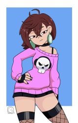 1girls black_choker brown_hair choker dandadan emo emo_girl female female_only legs looking_at_viewer momo_ayase pink_shirt serious serious_face serious_look shirt thighs