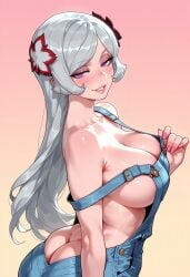 1girls ai_generated ass balecxi bare_shoulders blue_overalls blush breasts butt_crack cleavage clothing collarbone curvaceous curvaceous_female curvaceous_figure curvy curvy_figure denim dungeon_ni_deai_wo_motomeru_no_wa_machigatteiru_darou_ka female female_focus female_only flower freya_(danmachi) from_side gradient_background grey_hair grin hair_flower hair_ornament half-closed_eyes inviting inviting_to_sex jeans large_breasts lips long_hair looking_at_viewer nail_polish naked_overalls no_bra no_panties overalls parted_bangs parted_lips pink_background pink_lips pink_nails presenting presenting_ass presenting_breasts presenting_hindquarters presenting_self purple_eyes seductive seductive_look seductive_smile shiny_skin sideboob simple_background smile solo strap_slip twisted_torso voluptuous voluptuous_female white_hair yellow_background