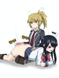 2d 2d_(artwork) 2girls ass ass_focus bare_ass big_ass black_hair blonde_hair blush bottomless bottomless_female clothed clothed_female clothing curves dominant dominant_female domination eyebrows_visible_through_hair female female_focus female_only female_protagonist femdom femsub footwear fully_clothed fully_clothed_female green_eyes hand_on_another's_ass hand_on_ass hi_res honjou_yuri japanese_text legwear lesbian lesbian_domination lezdom lezsub long_hair mostly_clothed mostly_clothed_female motion_lines multiple_girls necktie nise_mayuko no_nude no_sex no_visible_genitalia one_eye_closed open_mouth over_the_knee_spanking pale-skinned_female pale_skin panties panties_down pantyhose pout punishment punishment_spanking school_uniform schoolgirl seiza serafuku simple_background skirt skirt_lift socks spank spank_marks spanked spanked_butt spanking spanking_ass submission submissive submissive_female tagme tearing_up tears teenage_girl teenager tenko_(spank) tenkuu_shinpan text tie tied tied_hair translation_request underwear underwear_down white_background yuri