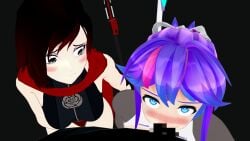 1boy 2girls black_hair black_hair_female blowjob blue_eyes blush censored_penis crescent_rose grimm_(rwby) half-dressed half_naked half_naked_female melody_(projektmelody) pov projektmelody purple_hair purple_hair_female ruby_rose rwby silver_eyes theblackbirdcalls virtual_youtuber