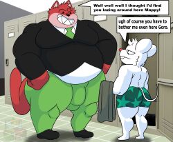2026 anthro ass belly big_belly black_nose bulge clothing domestic_cat felid feline felis goro_(mappy) hi_res locker_room male male_only mammal mappy mappy_(character) moobs mouse murid murine necktie oceanrockz overweight overweight_male red_body red_nose rodent shirt topwear underwear white_body