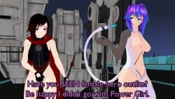 2girls bare_shoulders black_hair black_hair_female blue_eyes breasts covering_pussy fingerless_gloves half-dressed half_naked half_naked_female leotard medium_breasts melody_(projektmelody) nipples no_pants projektmelody purple_hair purple_hair_female red_cape red_hair ruby_rose rwby short_hair silver_eyes tail theblackbirdcalls