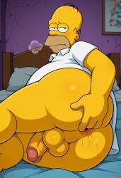 1boy 20th_century_fox 20th_century_studios ai_generated anus ass bald bald_male balls bed bedroom big_ass bottomless bottomless_male clothing dilf fat fat_ass fat_male fingering fingering_anus genitals homer_simpson huge_ass human human_only indoors large_ass looking_at_viewer lying_on_side male male_only mammal mature mature_male no_pants obese obese_male overweight overweight_male penis shirt solo solo_focus solo_male testicles the_simpsons white_shirt yellow_skin