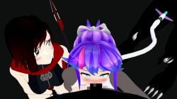 1boy 2girls 3d 3d_(artwork) black_hair black_hair_female blue_eyes blush censored_penis crescent_rose deepthroat grimm_(rwby) half-dressed half_naked half_naked_female melody_(projektmelody) monster monster_boy monster_cock monster_on_female projektmelody purple_hair purple_hair_female ruby_rose rwby silver_eyes theblackbirdcalls