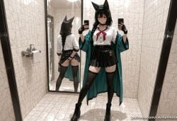ai_generated animal_ears ass bangs bathroom belt black_belt black_choker black_footwear black_gloves black_hair black_panties black_skirt black_thighhighs blush boots braid breasts cat_ears cellphone choker closed_mouth clothes_lift extra_ears female female_only fingerless_gloves full_body gloves hair_over_shoulder holding holding_phone hoshimi_miyabi indoors kermixx lifted_by_self long_hair long_sleeves looking_at_mirror looking_at_viewer miniskirt mirror panties phone pleated_skirt red_eyes red_ribbon reflection ribbon school_uniform selfie shirt single_braid sink skirt skirt_lift smartphone solo standing thighhighs tile_wall tiles underwear white_shirt zenless_zone_zero zettai_ryouiki