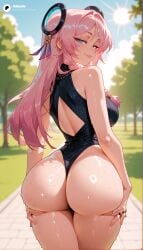 1girls absurd_res absurdres ai_generated ass ass_focus ass_grab ass_support back bangs bare_shoulders big_ass big_breasts black_one_piece_swimsuit blue_eyes blurred_background blurry blurry_background blush braid braided_hair braids breasts cartoon cartoony citlali_(genshin_impact) clothing_cutout cowboy_shot day depth_of_field face_markings facial_mark female female_focus female_only from_behind genshin_impact grabbing_own_ass hair_ornament hands_on_own_ass hi_res high_quality high_resolution highleg highres huge_ass jewelry large_ass large_breasts leotard light-skinned_female lips long_hair looking_at_viewer looking_back odexai one_piece_swimsuit one_piece_thong outdoors parted_bangs parted_lips pink_hair ring shiny_skin sky small_waist smile solo solo_focus straight sun swimsuit thick_thighs thighs thin_waist tree wet wide_hips