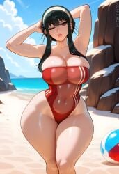 1girls ai_generated arms_up beach black_hair busty curvaceous curvaceous_body curvaceous_female curvaceous_figure curvy curvy_body curvy_female curvy_figure curvy_hips dreamcoreart female female_only hi_res highres huge_ass huge_breasts light-skinned_female long_hair naughty_face one-piece_swimsuit outdoors solo solo_female spy_x_family stable_diffusion teasing teasing_viewer thick_thighs voluptuous voluptuous_body voluptuous_female yor_briar yor_forger
