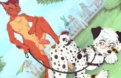 absurd_res anthro background_character blush blush_lines bobcat bodily_fluids bondage canid canine canis collar cuff_(restraint) dalmatian domestic_dog duo embarrassed emil_(spottycxns) exhibitionism eyewear felid feline genital_fluids genitals glasses harness hi_res himborodeo humiliation lagomorph leash leashed_collar leporid lgbt_pride lgbt_pride_month licking licking_lips lynx mailmutt male male/male mammal minute outdoor_nudity peeing peeing_on_another penile_spines penis pride_parade rabbit restraints shocked stepped_on throbbing throbbing_penis tongue tongue_out urine watersports wearing_glasses wrist_cuffs