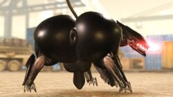 16:9 3_fingers 3_toes 3d_(artwork) animal_genitalia animal_penis anus ass balls big_balls big_butt black_anus black_balls black_body black_penis black_skin blade_wolf blurred_background bodily_fluids canid canine canine_genitalia canine_penis canis colored digital_media_(artwork) erection fat_ass_feral feet feral fingers genital_fluids genitals glowing glowing_eyes huge_butt konami looking_back machine male mammal metal_gear metal_gear_rising:_revengeance nude open_mouth penis platinumgames presenting presenting_hindquarters puffy_anus roblox robot robot_feral shaded solo spread_legs spreading tail toes widescreen willie_piv