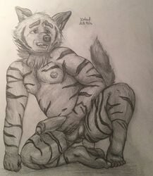 1boy 2016 anal anthro ass balls barefoot belly black_nose crouching dildo erection feet front_view fur hi_res humanoid_penis hyena kneeling male male_only mammal monochrome muscular nipples nude open_mouth partially_retracted_foreskin penetration penis precum sex_toy sexbad simple_background solo striped_hyena stripes stripy_yeen tongue traditional_media_(artwork) uncut