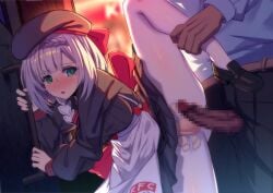 1boy apron black_hat black_pants black_shirt black_shoes blue_shirt blush bow breasts censored dress female genshin_impact green_eyes grey_hair hairbow hat imminent_penetration imminent_vaginal kfc lao_meng medium_breasts noelle_(genshin_impact) noelle_(kfc)_(genshin_impact) open_mouth pants pantyhose penis red_bow sex shirt shoes short_hair standing straight white_pantyhose