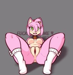 2016 absurdres amy_rose anthro anus breasts clitoris collar edit english_text eyelashes female female_only fur furry furry_only green_eyes grey_background heart hedgehog highres looking_at_viewer mammal nipples open_mouth pink_fur pink_hair presenting presenting_pussy profanity pussy raised_heel scorpdk sega simple_background socks solo sonic_(series) spread_legs spread_pussy spreading text thick_thighs thighs white_socks