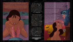 1boy 1girls alien big_breasts bigger_female black_hair breasts comic_page dark-skinned_female dark_skin disney dugg_dig english_text fellatio female hetero human human_on_alien lilo_and_stitch male male_on_human monster_cock multiple_penises nani_pelekai oral penis size_difference small_dom_big_sub smaller_male stitch thick_thighs thighs