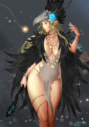 2019 ariverkao big_breasts breasts cleavage elf fantasy female female_only flower_in_hair necklace solo solo_female staff torn_clothes torn_dress